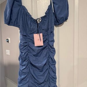Hello Molly Blue Ruched Puff-Sleeve Dress